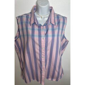 Vintage Roughrider Plaid Button Up Sleeveless Cowgirl Shirt Pink Blue Cotton Xl